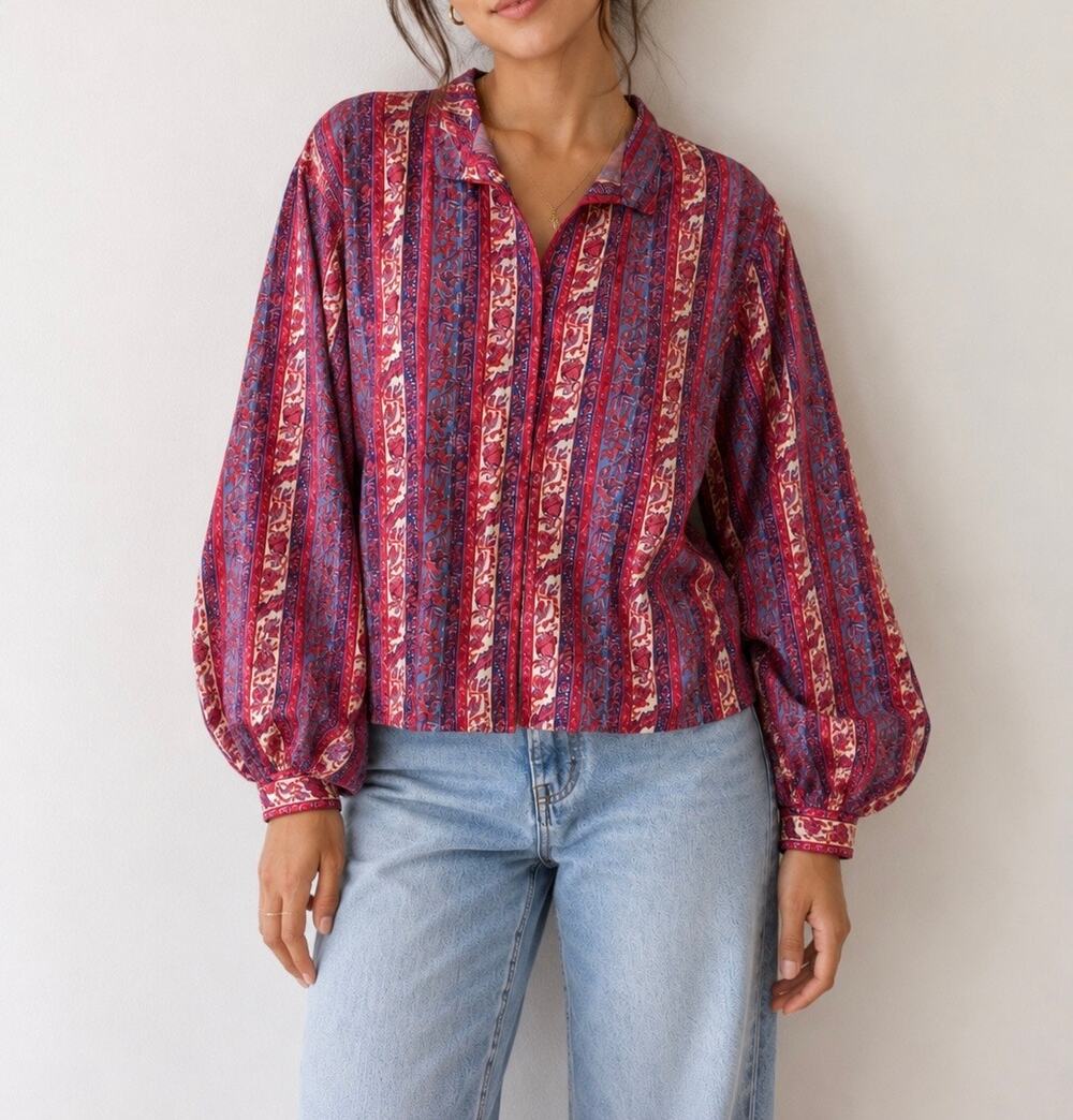 Vintage C.G. Career Guild 1980s Puffed Shoulder Striped Blouse